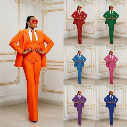 Orange Women's Suits Customized Plus Size Formal Single-breasted Peaked Lapel Three Pieces (Jacket+Pants+Vest) Office Lady Set