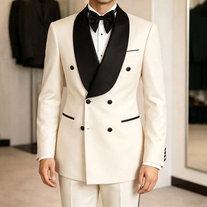 Men Suit Yellow 2 Pieces Double Button With Black Lapel For Wedding Birthday Banquet Party Business Work Office Jacket Pants