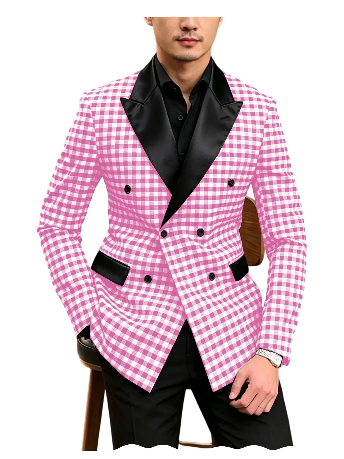 Men's Checkered Double Breasted Blazer Tailored Slim Fit Formal Jacket For Wedding Groom Cocktail Event Prom Dinner Party Coat