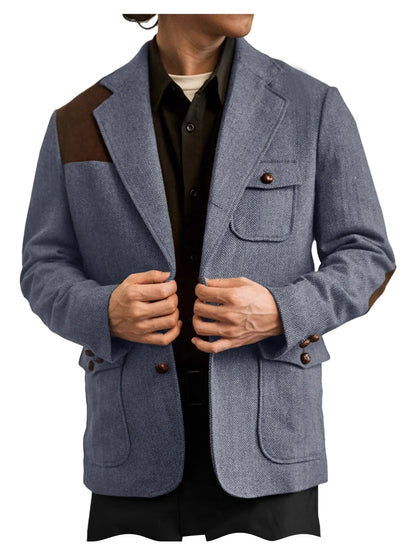 Men's Herringbone Tweed Blazer Shoulder Patchwork Suede Notch Lapel Suit Jacket Classic Fit Casual Business Vintage Sport Coat