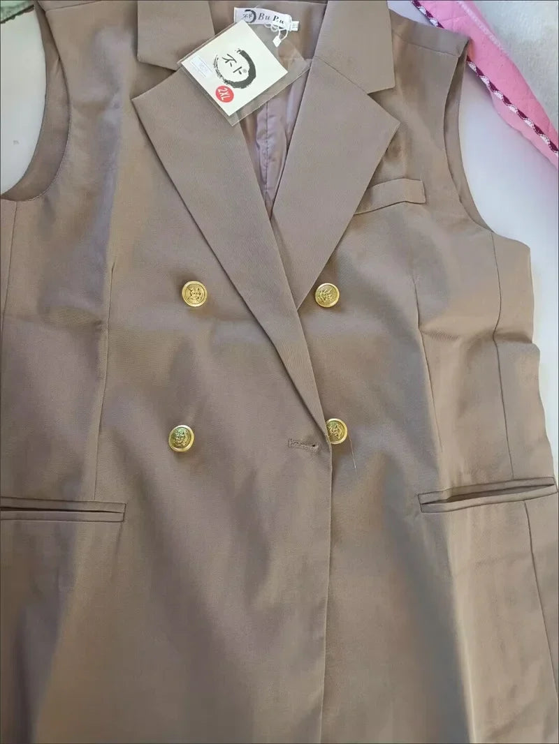 Women Spring Suit Jacket With Lined Waistcoat Female Korean Solid Color Loose Double Breasted Casual Blazers Vest Tops Jacket