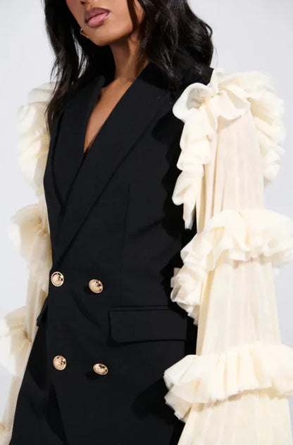 Spring Autumn New Women Blazer Double Breasted Ruffled Long Sleeve Patchwork Slim Fit Elegant Fashion Trendy Jacket HK13405