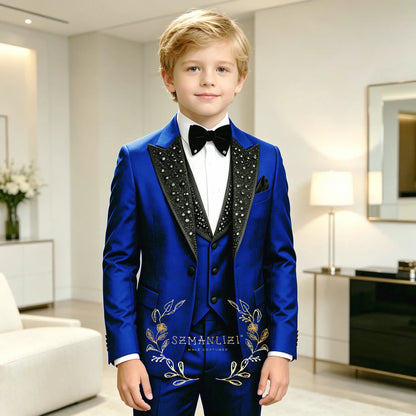 Classic Suits for Boys Black Crystals 3-Piece Fashion Stylish Boy's Tuxedo Formal For Party Outfit For Kids Blazer Vest Pant