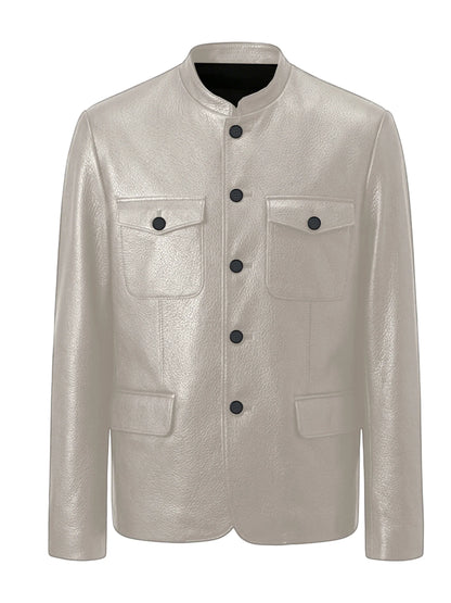 Men Premium Leather-Like Stand Collar Jacket Single Breasted Casual Multi-Pocket Slim Fit Business Outerwear