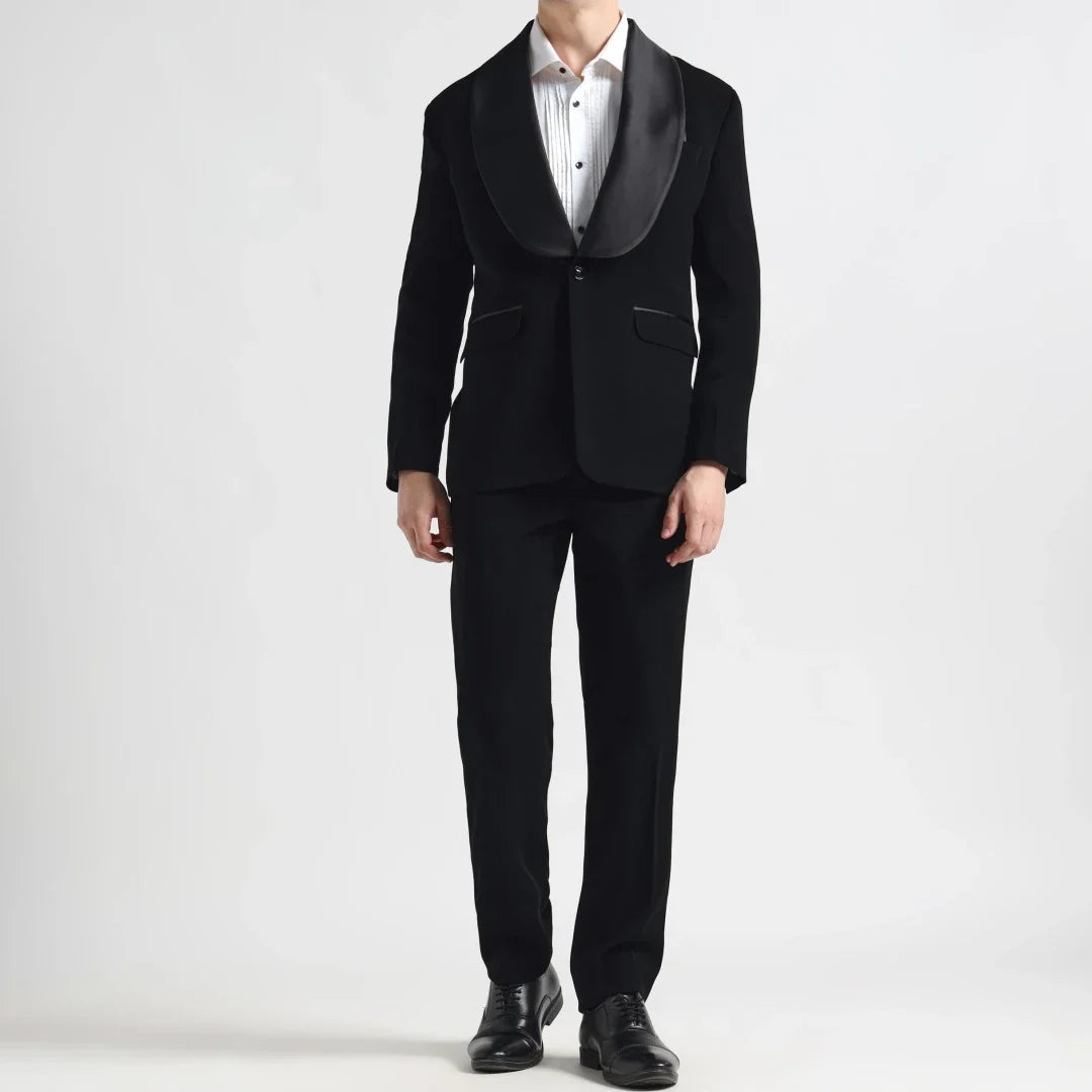 Men Suit 2 Pieces Black With Bright Lapel Single Button For Wedding Business Banquet Party Office Daily Work Jacket And Pants