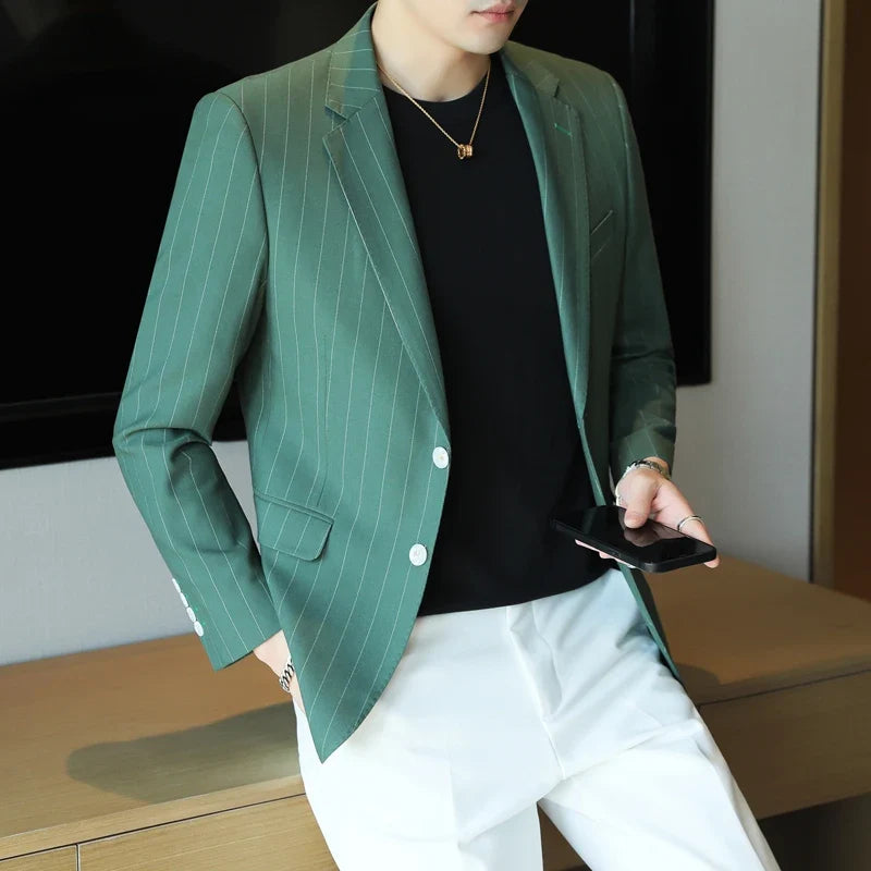 2026 Classic Striped Versatile Suit Jacket Men's Korean Fashion Casual Business Blazers Office Wedding Party Host Formal Jackets
