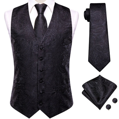 Men's Vest Tie Hanky Cufflinks Set – Wine Black Paisley Jacquard for Weddings & Formal Events
