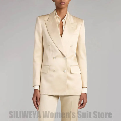 Chic Satin Women's Double Breasted Suit 2 Piece Peak Lapel Formal Outfit for Wedding Prom Business Event Shiny Fabric Suits