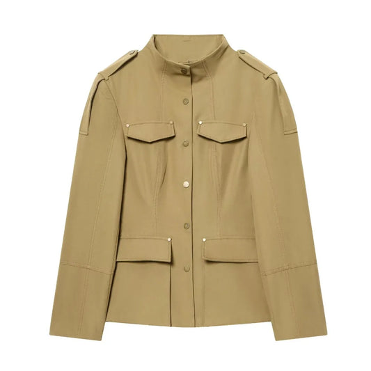 Elegant Chic Women Tailored Blazers with Tabs Spring & Autumn Raised Collar Fitted Blazers with Shoulder Pads and Patch Pockets