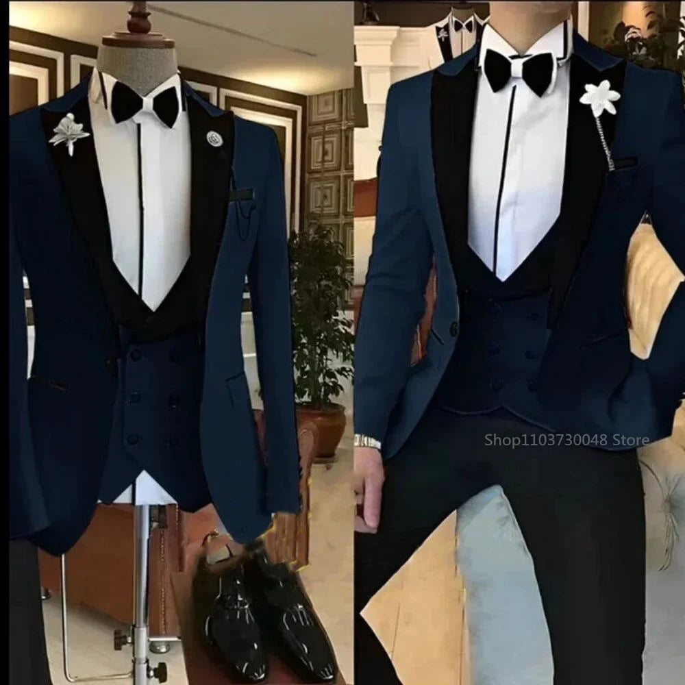 Royal blue Classic Solid Lapel 3-Pieces Men's Suit Slim Fit Elegant Blazer Vest Pant Set For Wedding And Business