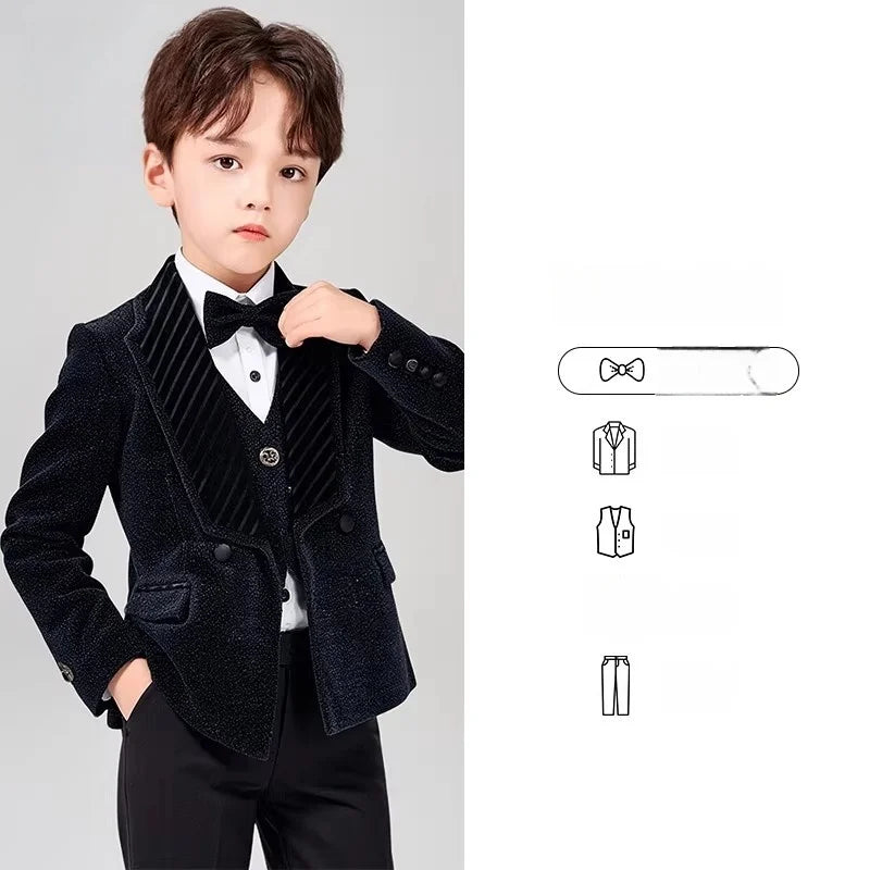 Spring Autumn Kids Blazer Vest Pants Bowtie 4Pieces Outfit Boy Birthday Party Wedding Host Piano Performance Costume