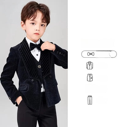 Spring Autumn Kids Blazer Vest Pants Bowtie 4Pieces Outfit Boy Birthday Party Wedding Host Piano Performance Costume
