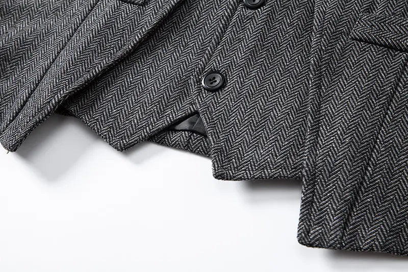 Men's Triple-Breasted Herringbone Tweed Vest – Retro Fake Two-Piece Waistcoat for Weddings & Smart-Casual Occasions