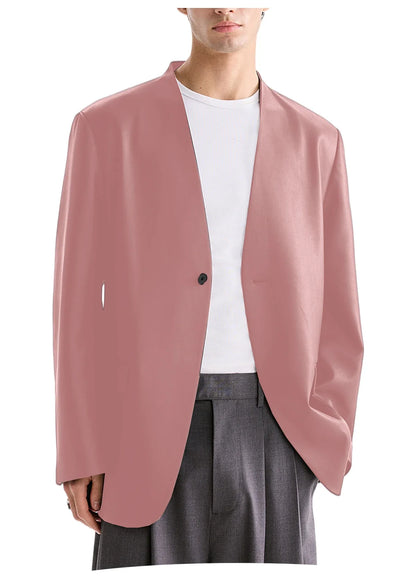 Men's PU Leather Collarless Blazer Single Button Loose Fit Jacket for Wedding Party Office