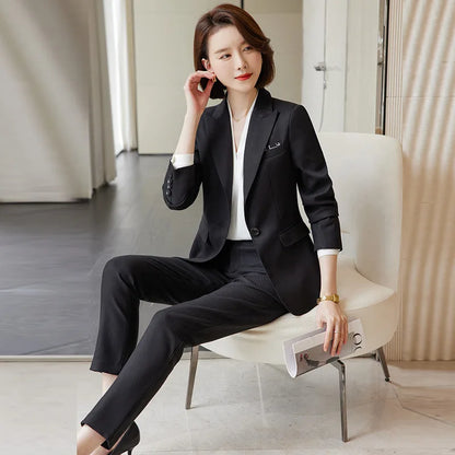 Ladies Blazer And Pant Suit Formal Army Green Khaki Gray Black Solid Women Jacket Trouser Female Business Work Wear 2 Piece Set