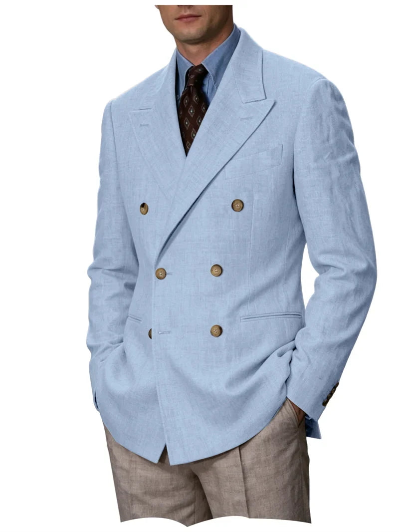 Men Linen Blazer Double Breasted Jacket Lightweight Soft Slim Coat For Business Wedding Casual Daily Party Vacation Dating