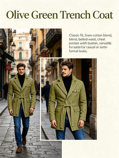 Men's Vintage Mid Length Belted Denim Trench Coat Notched Lapel Casual Workwear Outerwear Stylish Daily Streetwear Jacket