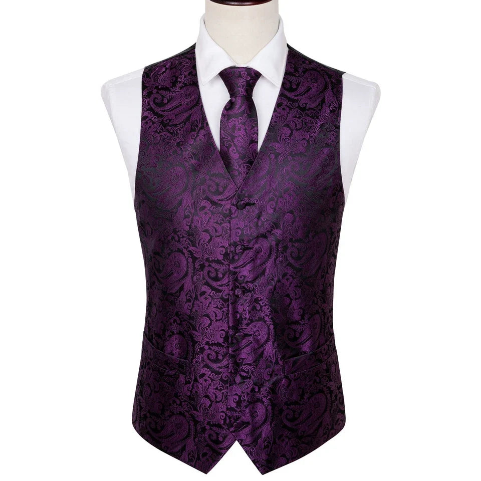 Men's Waistcoat Purple Embroidered Silk Vest with Tie and Pocket Square for Weddings and Formal Events