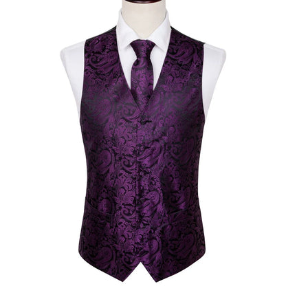 Men's Waistcoat Purple Embroidered Silk Vest with Tie and Pocket Square for Weddings and Formal Events
