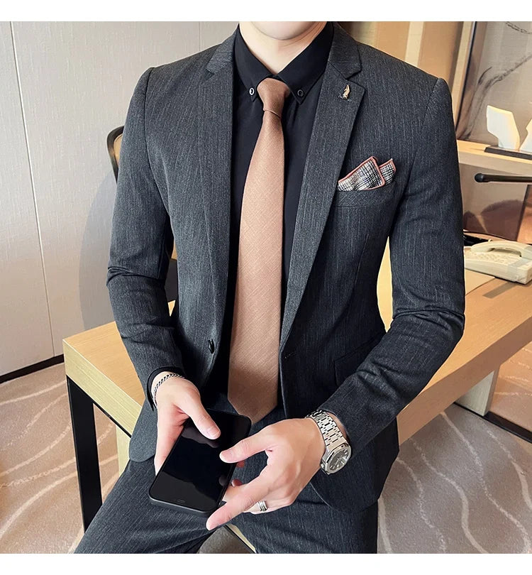7XL 6XL(Jacket+Pant）Fashion Striped Men Slim Fit Suit Groom Wedding Tuxedo Formal Business Party Slim Fit Social Stage Costume