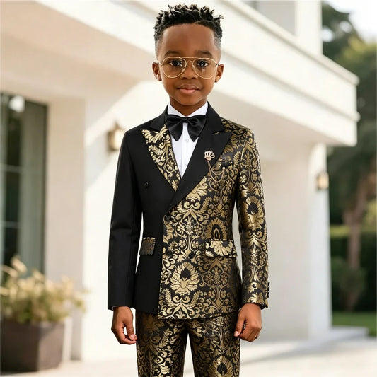 Black And Gold Floral Wedding Boys Suit Double Breasted Formal Kids Blazer Set Party Dress Child Tuxedo Jacket Pants 2 Piece Set
