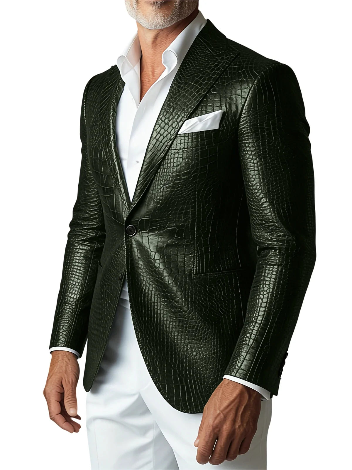 Men's Crocodile PU Leather Blazer Jacket Vintage Single Breasted Suit Coat Fashion Party Wedding Business Casual Outerwear