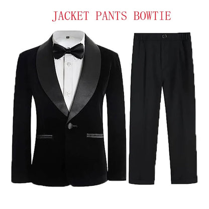 Boys Velvet Blazer Jacket Pants Bowtie 3PCS Photograph Suit Kids 1Year Birthday Dress Children Wedding Performance Evening Set