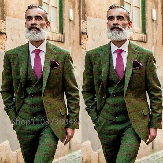3-Piece Men's Suit Green Plaid Woolen Blend Slim Fit Wedding Tuxedo Set