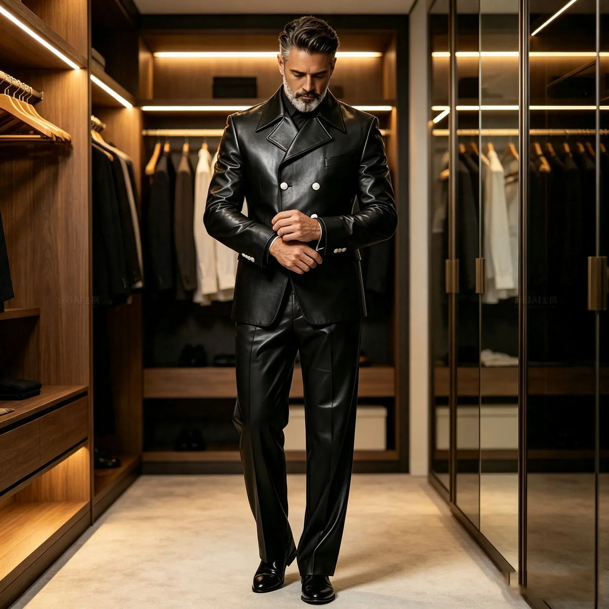 Men's Leather 2 Piece Suit Retro Double Breasted Peak Lapel Slim Fit Blazer Straight Leg Pants Formal Set Business Casual Weddin