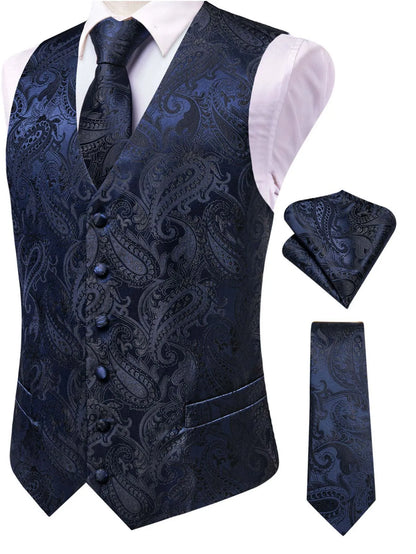 Men's Jacquard Vest 3-Piece Set – Satin Formal Waistcoat with Tie & Pocket Square for Weddings