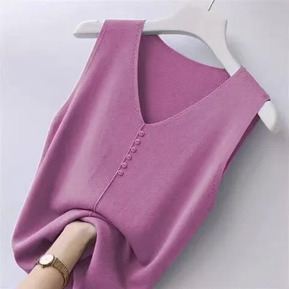 Summer Women's Tank Top Silk V-neck Wide Shoulder Strap Color Knitted Shirt Sleeveless Top Student Ice Silk Vest
