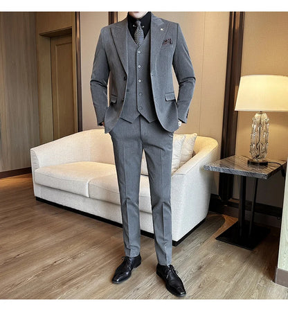 (Blazer + Vest + Trousers) 2024 New Men Formal Business Solid Suit 3 Pieces Set Italian Style Luxury Wedding Social Party Tuxedo