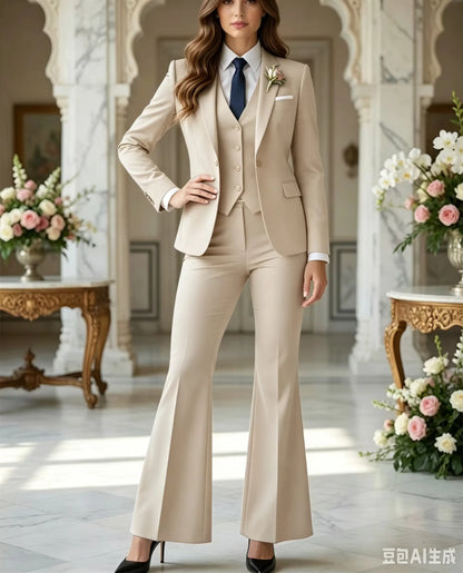 Luxury Fashion Navy Blue 3 Piece Suit Women Costume Tuxedo Flared Pantsuit 70s Retro Vintage Bridal