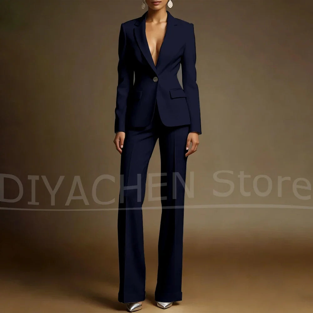 Women's White Suit Set Slim Fit Two Piece Jacket and Wide Leg Pants Office Casual Formal Occasions Elegant Female Outfit
