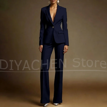Women's White Suit Set Slim Fit Two Piece Jacket and Wide Leg Pants Office Casual Formal Occasions Elegant Female Outfit