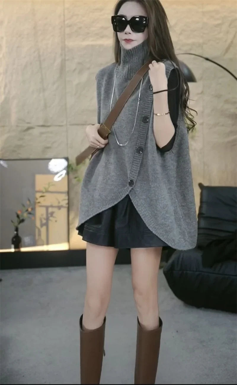 Women Large Size 4XL Knit Waistcoat Coat Ladies Irregular Sweater Vest Tops Autumn Female High Collar Sleeveless  ﻿