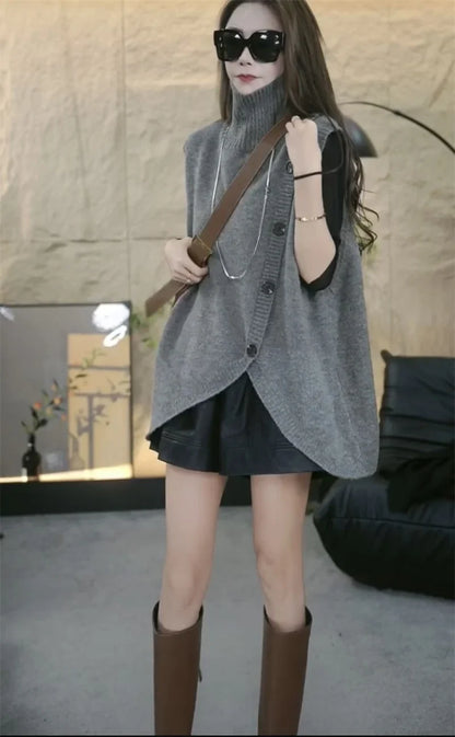 Women Large Size 4XL Knit Waistcoat Coat Ladies Irregular Sweater Vest Tops Autumn Female High Collar Sleeveless  ﻿