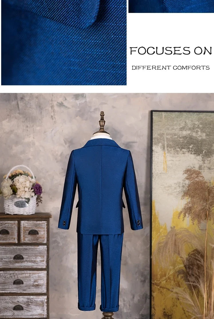 Children Shiny Blue Suit For Wedding Boys Formal Ceremony Tuxedo Dress Teenager Kids Photograph Blazer Party Performance Costume