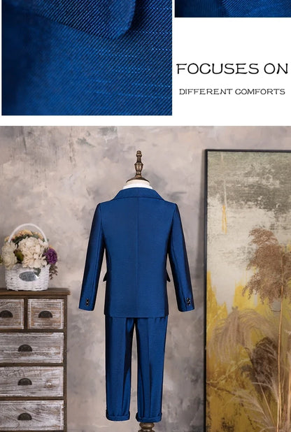 Children Shiny Blue Suit For Wedding Boys Formal Ceremony Tuxedo Dress Teenager Kids Photograph Blazer Party Performance Costume