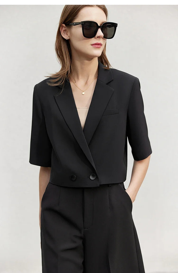 Minimalism Women's Jacket Casual Blazer 2024 Summer Shirts Office Lady Black Business Blazers Short Sleeve Tops 12322062