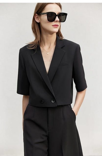 Minimalism Women's Jacket Casual Blazer 2024 Summer Shirts Office Lady Black Business Blazers Short Sleeve Tops 12322062
