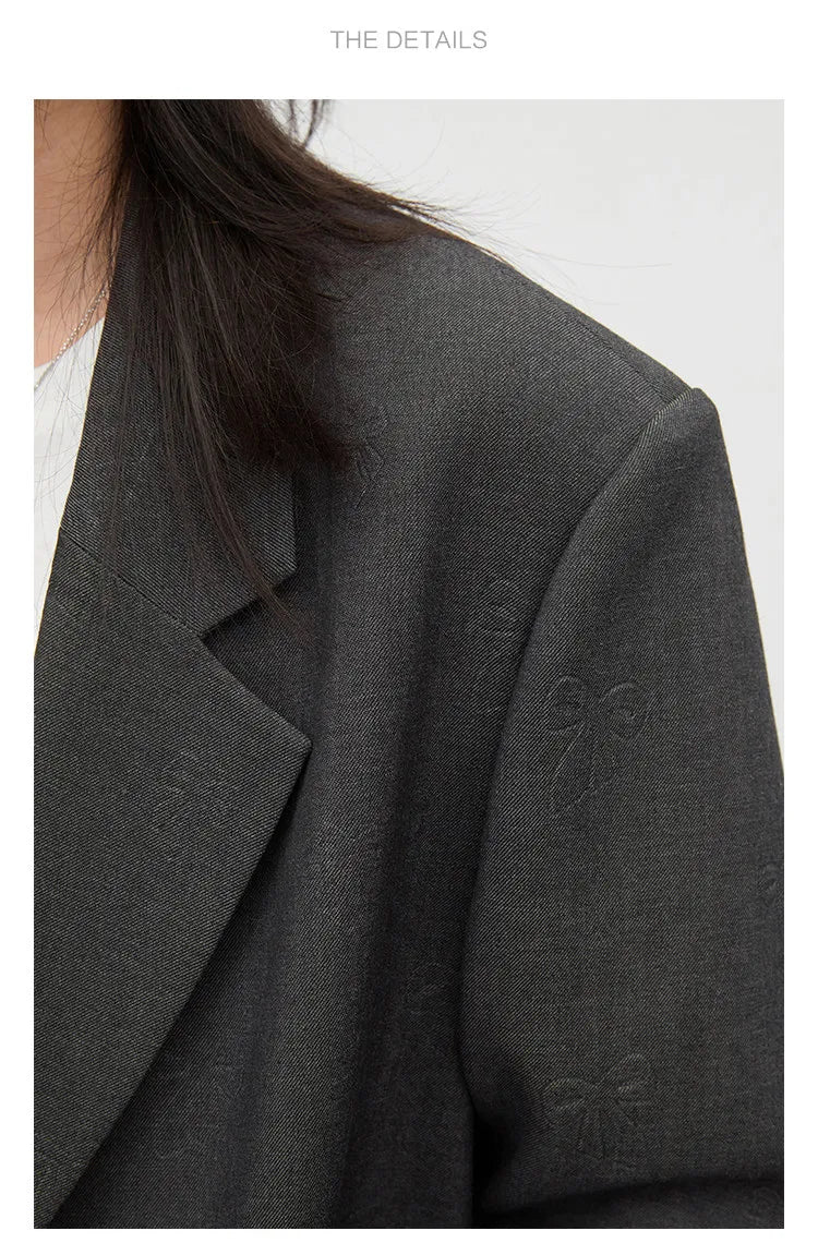Fashion Women Blazers Loose Casual Design Bow Embossed Office Ladies Suit Jacket Gray Spring Autumn 2026 Female Coat