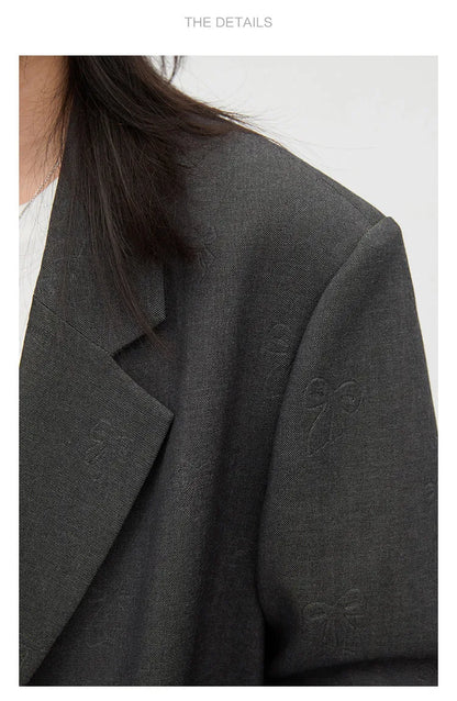 Fashion Women Blazers Loose Casual Design Bow Embossed Office Ladies Suit Jacket Gray Spring Autumn 2026 Female Coat