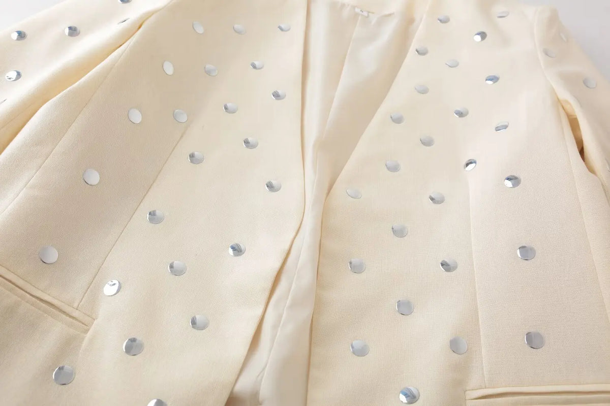 Women's Summer New Rivet Decorative V-neck No-button Casual Suit Jacket Female Temperature Sequin Suit Long Sleeve Jacket