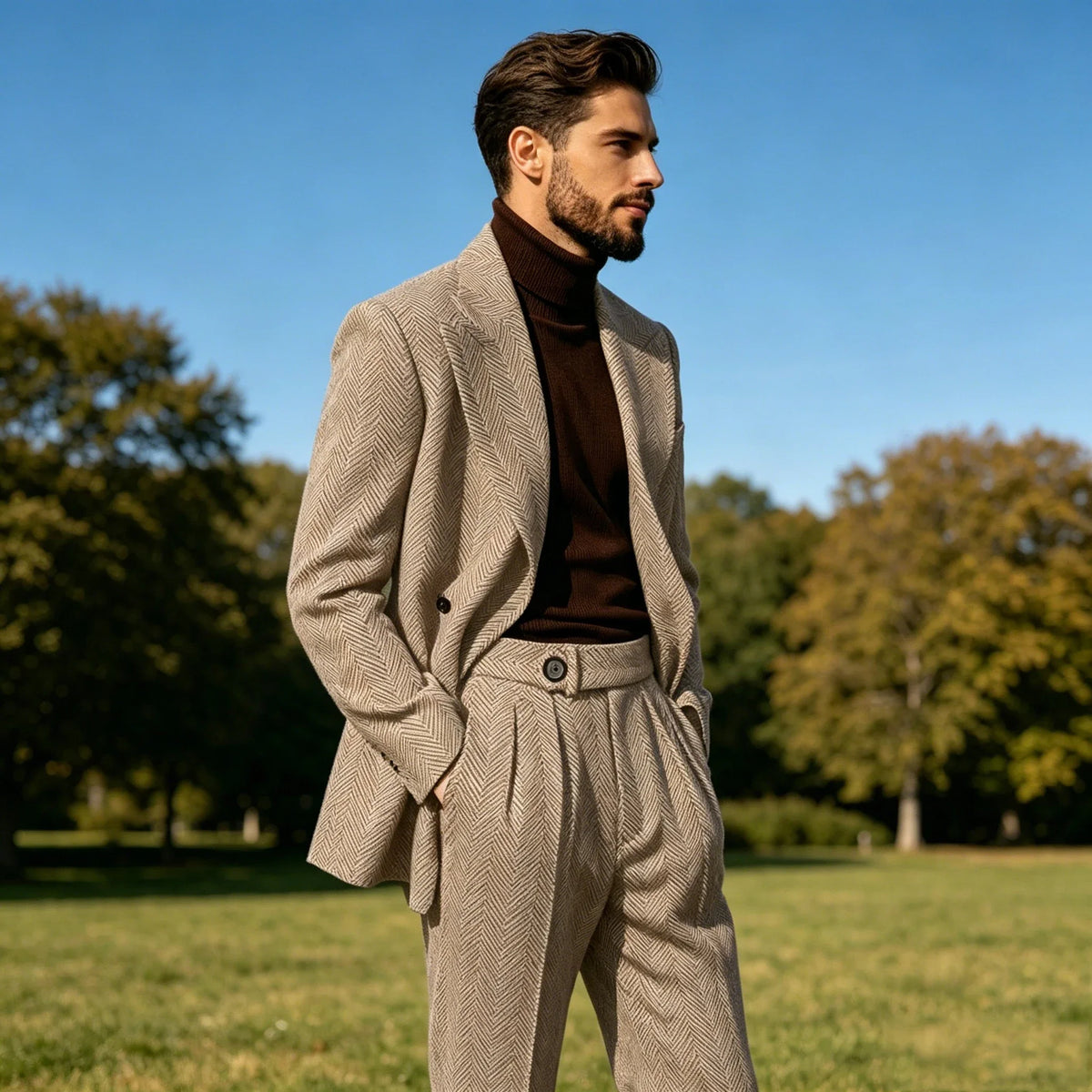 Men's Herringbone Suit 2-Piece Set – Double Breasted Blazer & Trousers for Wedding & Business