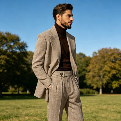 Men's Herringbone Suit 2-Piece Set – Double Breasted Blazer & Trousers for Wedding & Business