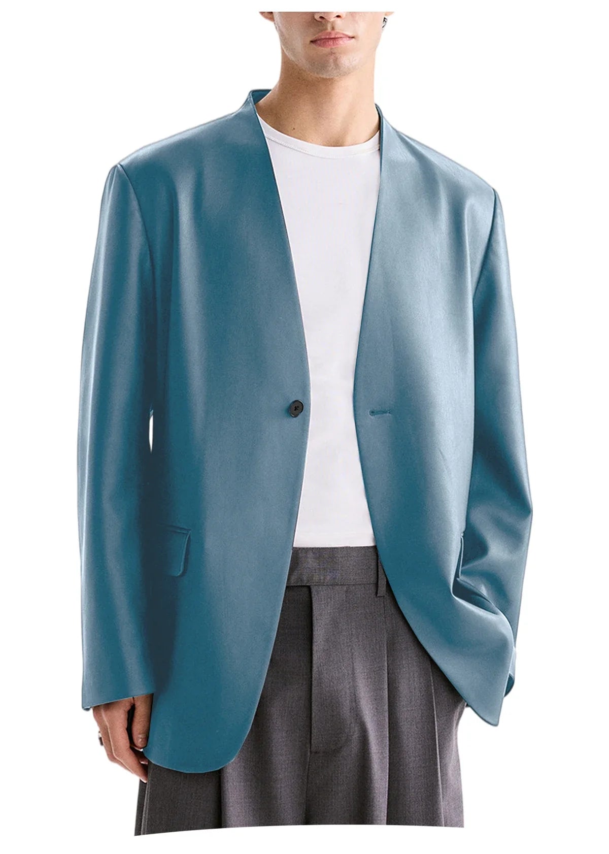 Men's PU Leather Collarless Blazer Single Button Loose Fit Jacket for Wedding Party Office