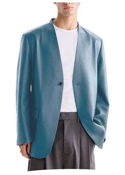 Men's PU Leather Collarless Blazer Single Button Loose Fit Jacket for Wedding Party Office