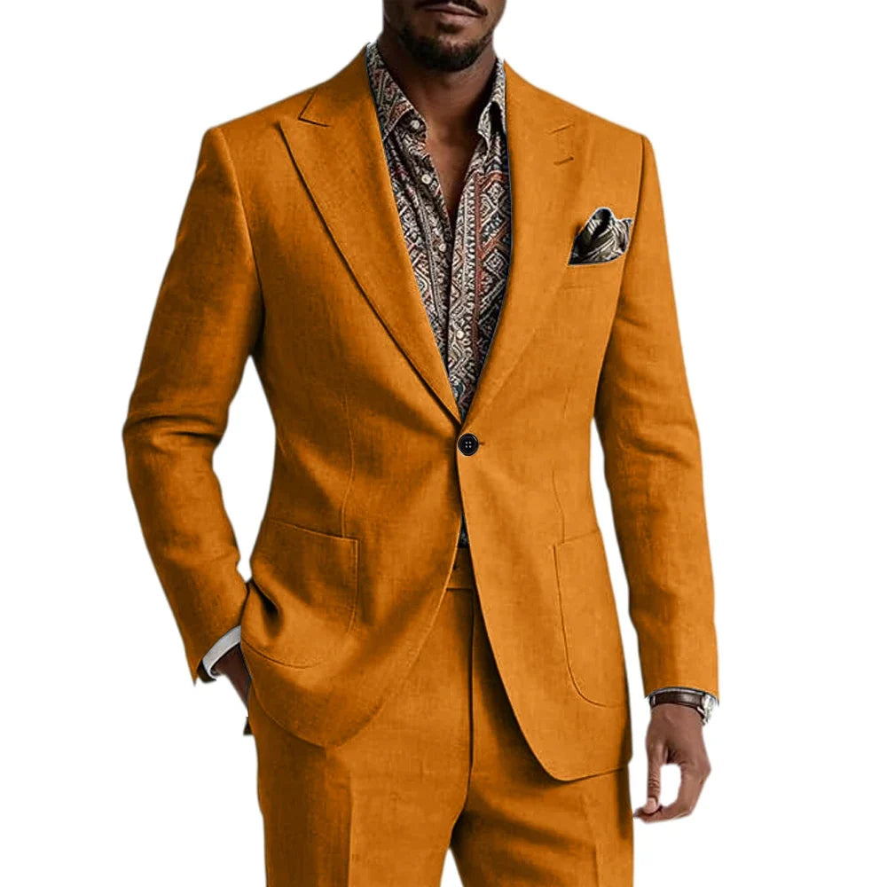 Men's Linen Blend Suit 2 Pieces Set Solid Color Peak Lapel Slim Fit One Button Jacket Pants Formal Outfit Wedding Business Casua