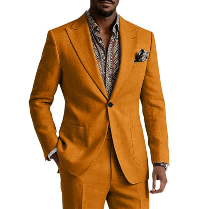 Men's Linen Blend Suit 2 Pieces Set Solid Color Peak Lapel Slim Fit One Button Jacket Pants Formal Outfit Wedding Business Casua